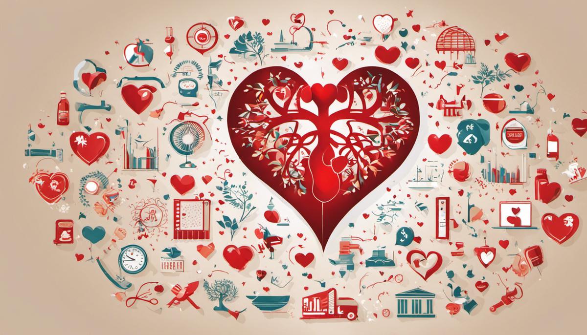 Image depicting a healthy heart surrounded by symbols representing stress relief techniques. The image symbolizes the connection between stress relief and heart health.