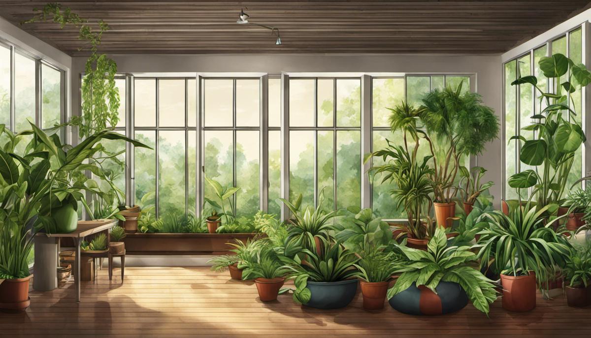 Illustration of various indoor plants in a room.
