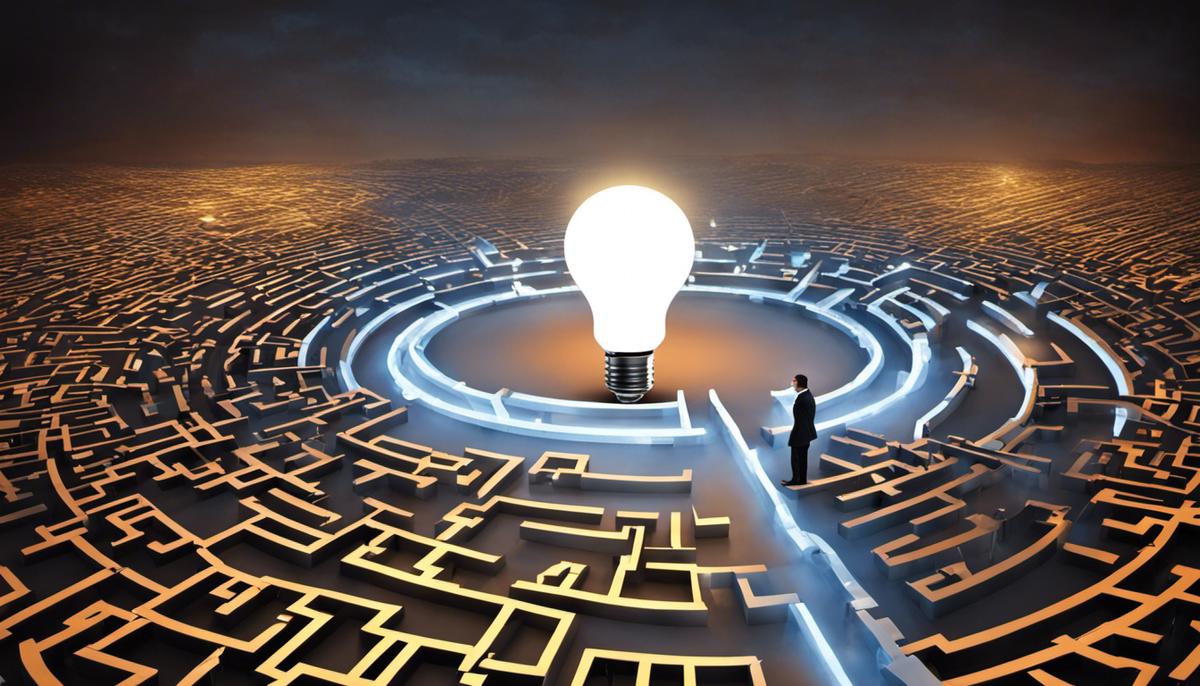 Image describing the role of an insurance agent advisor, showing a person guiding someone through a maze of insurance policies with a lightbulb representing knowledge and understanding.