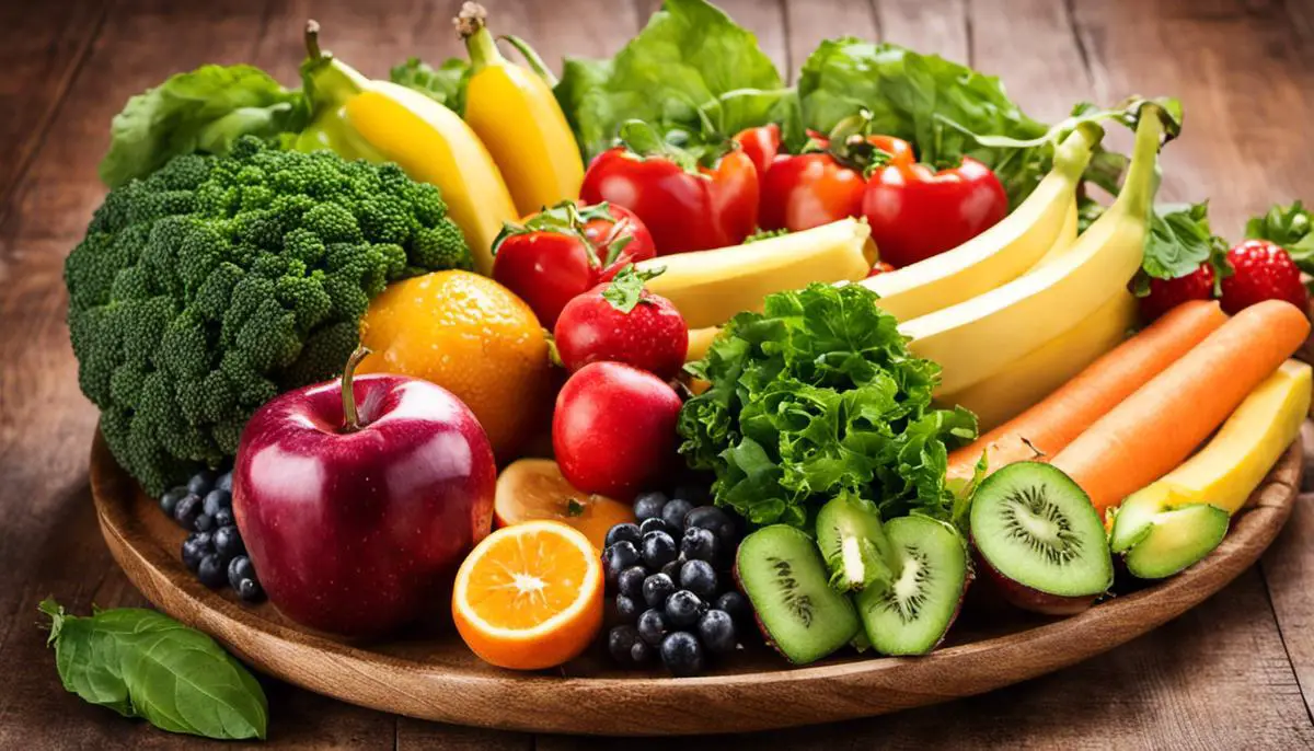 A colorful plate of fruits and vegetables, representing a balanced diet for weight loss.