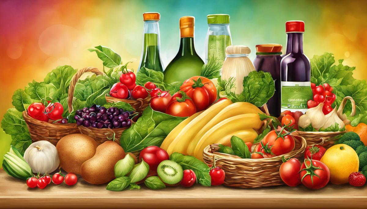 Illustration of various organic food products, showcasing their freshness and vibrant colors.