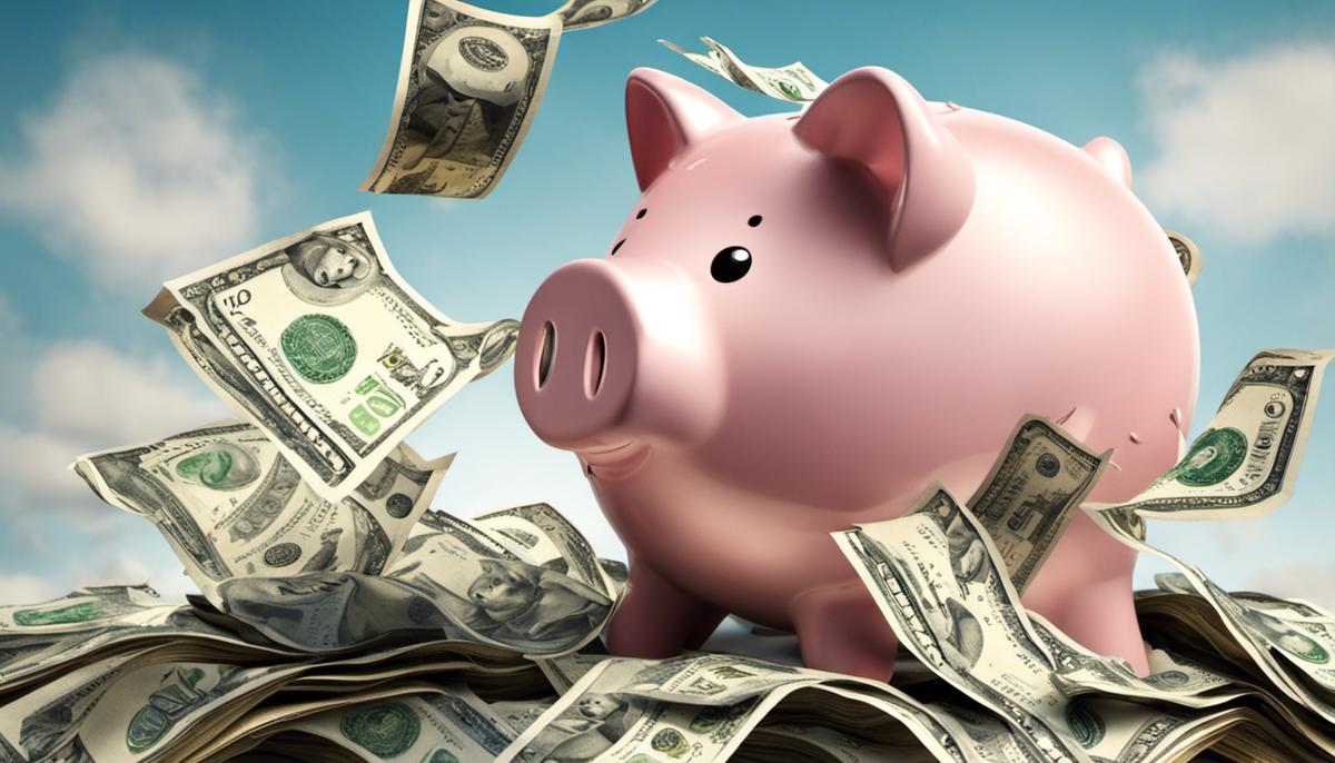 Illustration of a piggy bank with money flying out, representing the concept of understanding your income and expenses